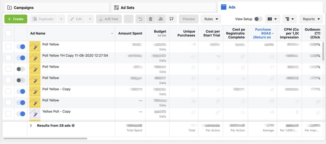 View responses to Facebook poll ads - select ad