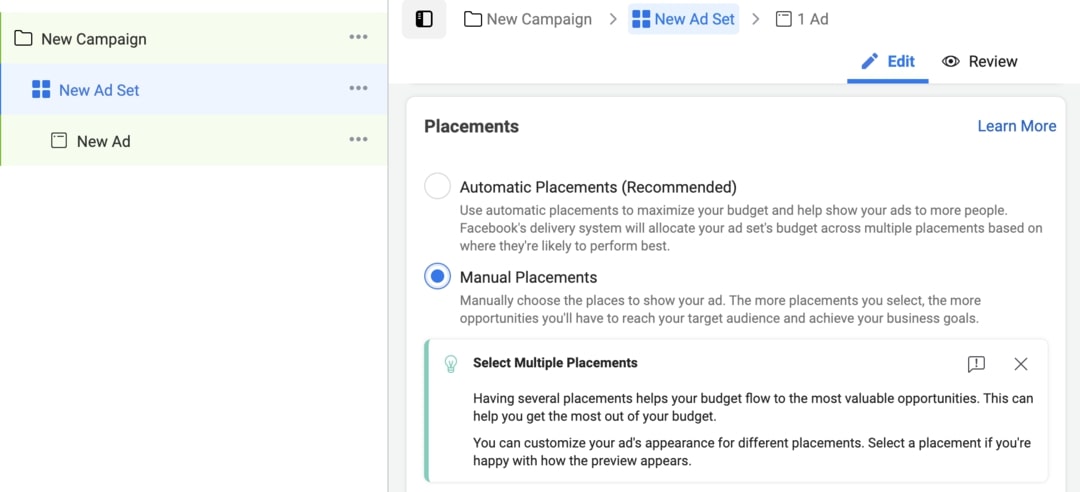 Create an Instagram Polling Sticker ad - select manual placements