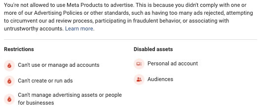 Facebook account restricted from advertising