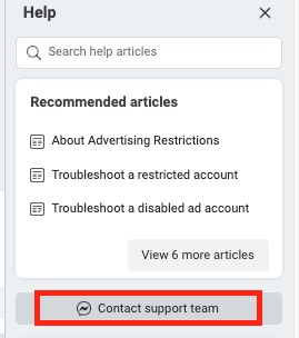 contact support team - Facebook ad in review