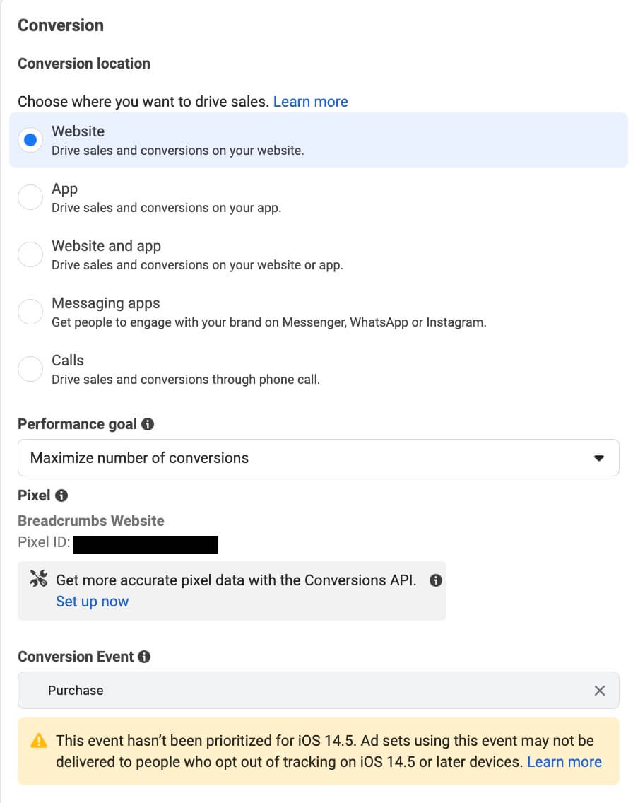 conversion setup facebook ad set