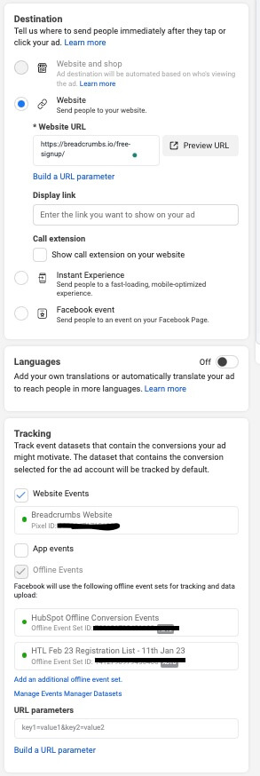 facebook ad settings - destination and tracking