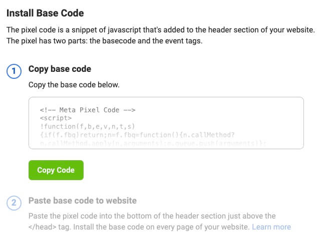 Install base code - Facebook Pixel