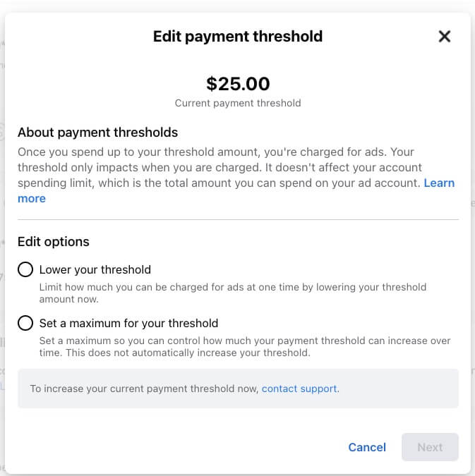 edit payment threshold - Facebook