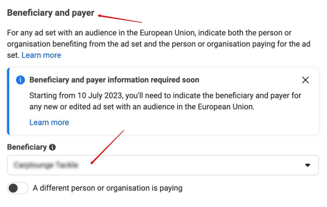 where to set the beneficiary and payer details in Meta Ads Manager.