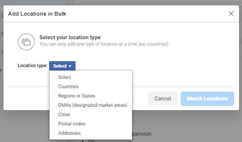 Facebook geo-targeting - add locations in bulk