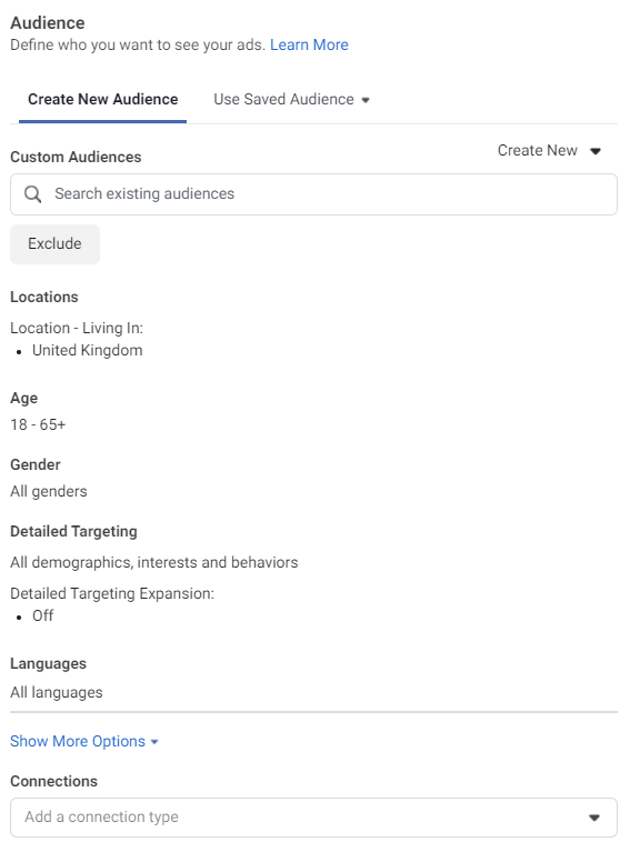 Facebook Ads Manager Audience Targeting section
