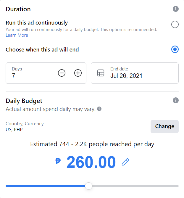 Facebook Page Like ad creation - budget and duration