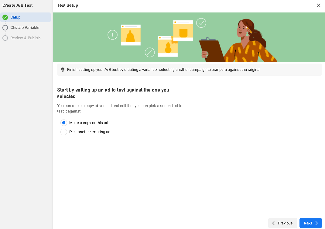 Create an A/B Test in Facebook Ads Manager - Test Setup screen