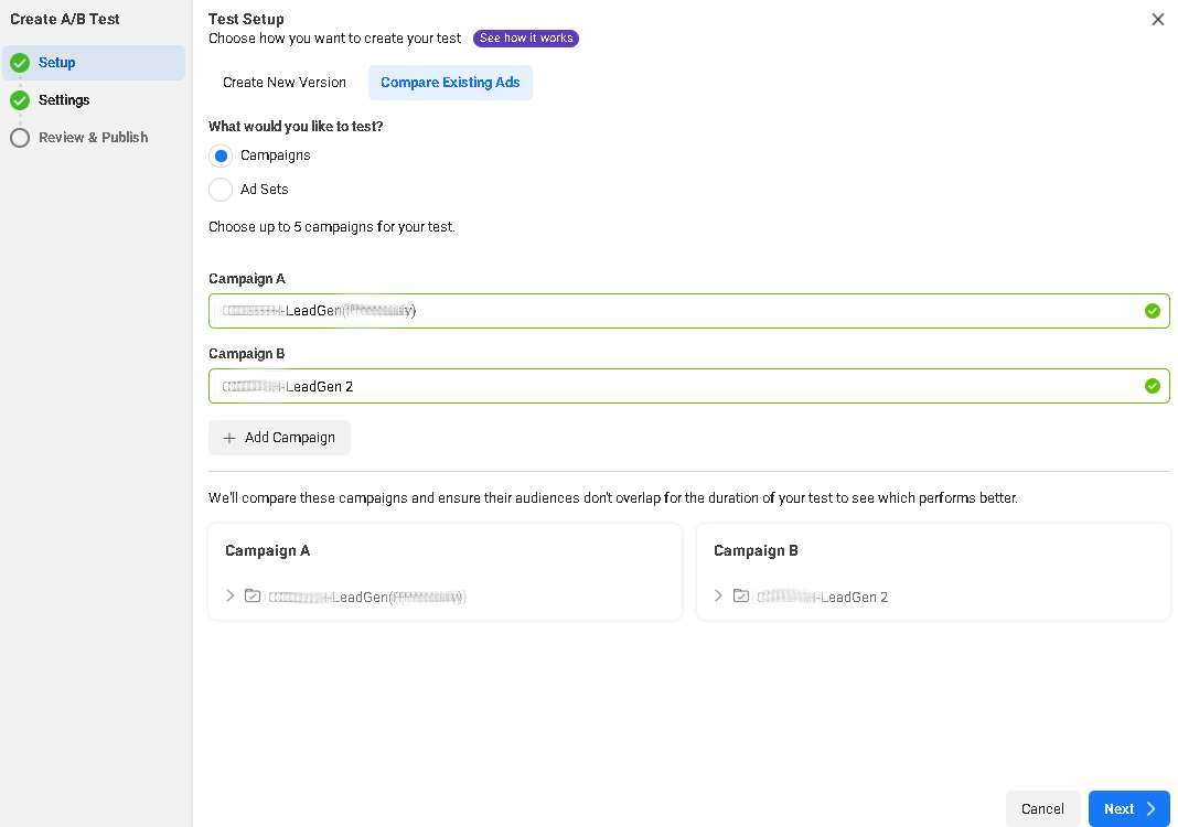 Compare Existing Ads - Facebook A/B testing