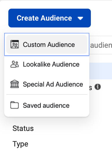 screenshot of Facebook Business Manager; cursor clicks Create Audience dropdown and selects Custom Audience