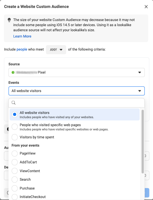 creating a Facebook website custom audience; Create a Website Custom Audience popup