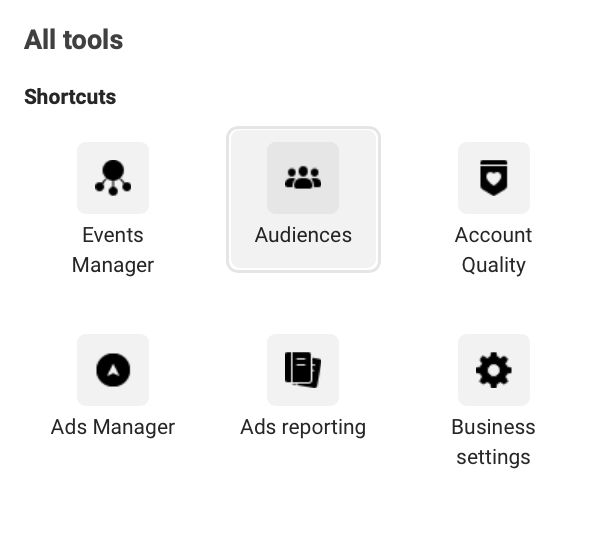 screenshot of Facebook Business Manager; list of shortcuts in the All Tools tab