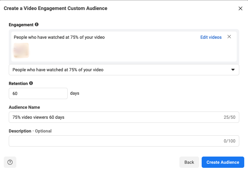 creating a Facebook engagement custom audience; selecting video and naming video engagement custom audience