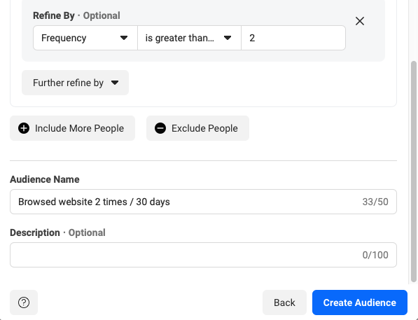 creating a Facebook website custom audience; adding web page visit frequency and naming audience