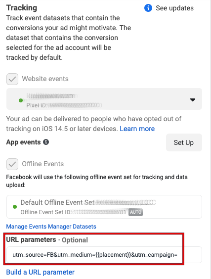 screenshot of Facebook Ads Manager; trackable URL added to URL parameters field