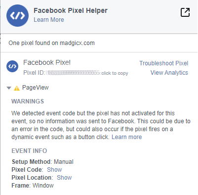 Facebook Pixel Helper warnings