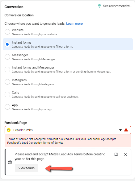 Accept TOS - Facebook Lead Generation Ads