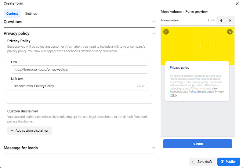 Privacy policy - Facebook instant forms