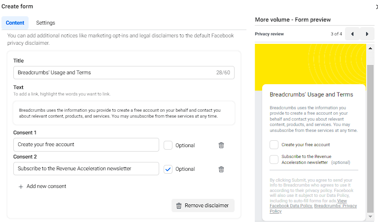 custom disclaimer - Facebook instant form