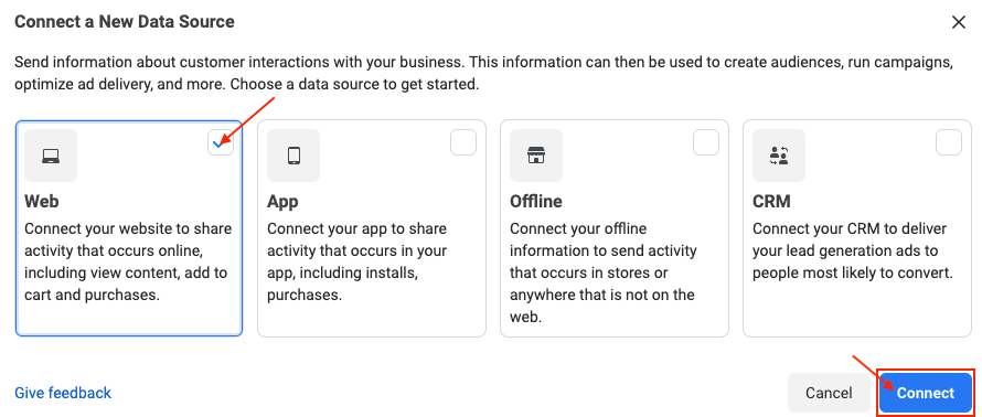 connect your data source - Facebook Pixel