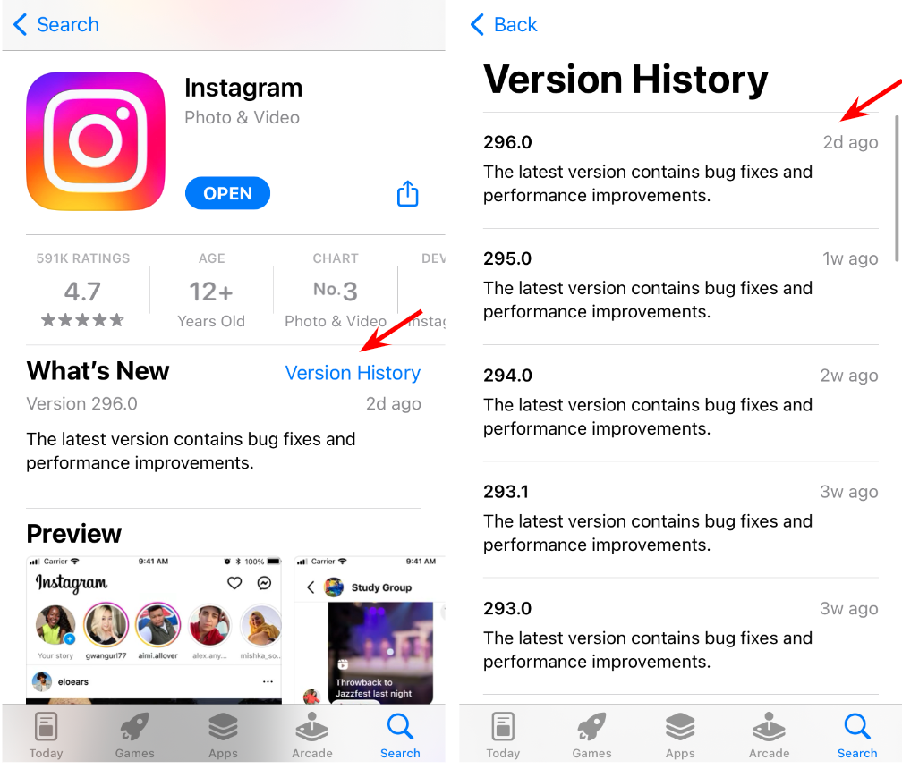Instagram App Store version history updates