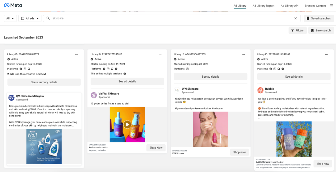 Screenshot of Meta Ads Library.