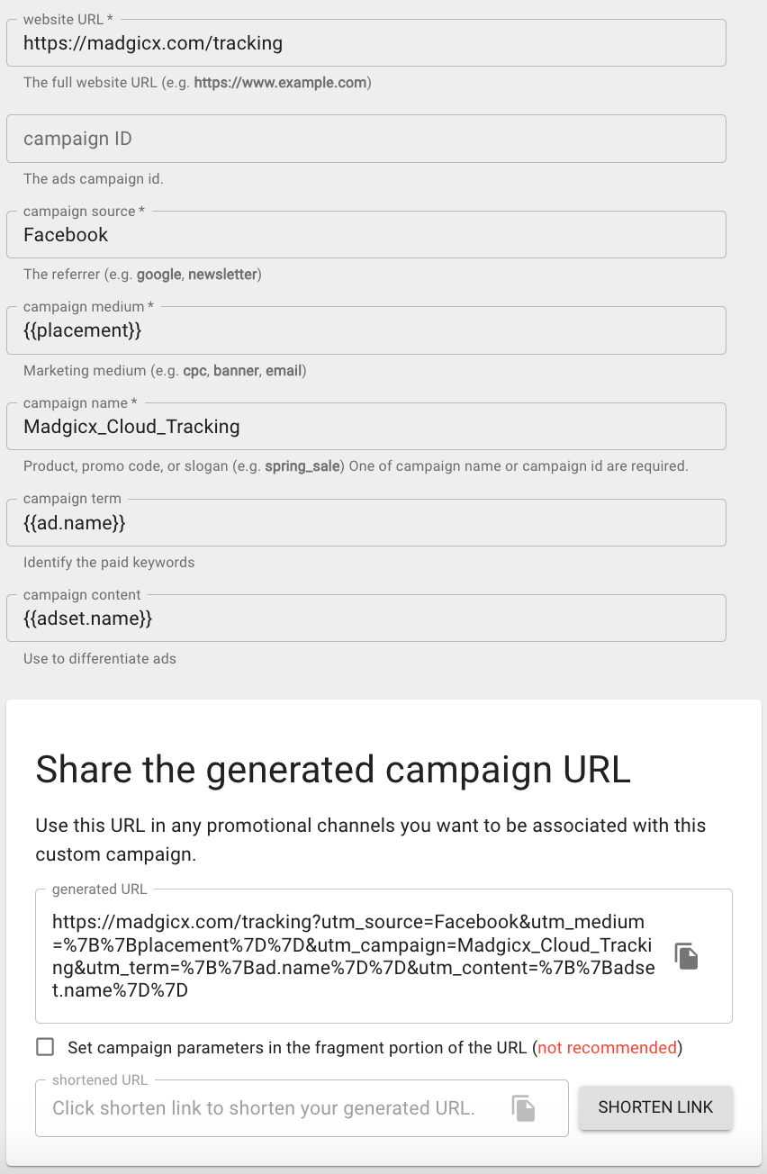 Screenshot of Facebook URL builder; crucial UTM parameters are filled for Facebook ad attribution tracking.