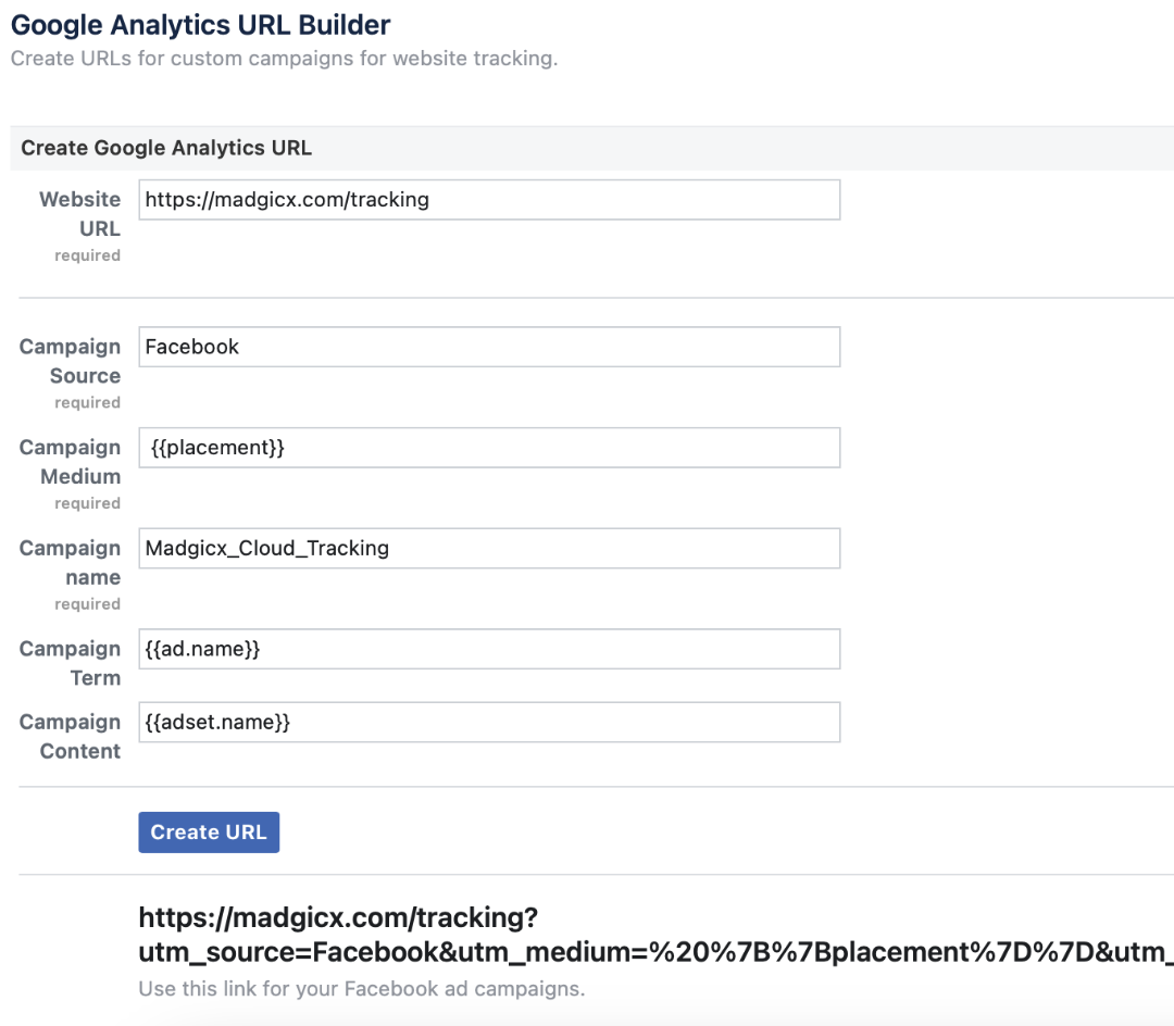 Screenshot of Facebook URL builder for Facebook ad attribution tracking.