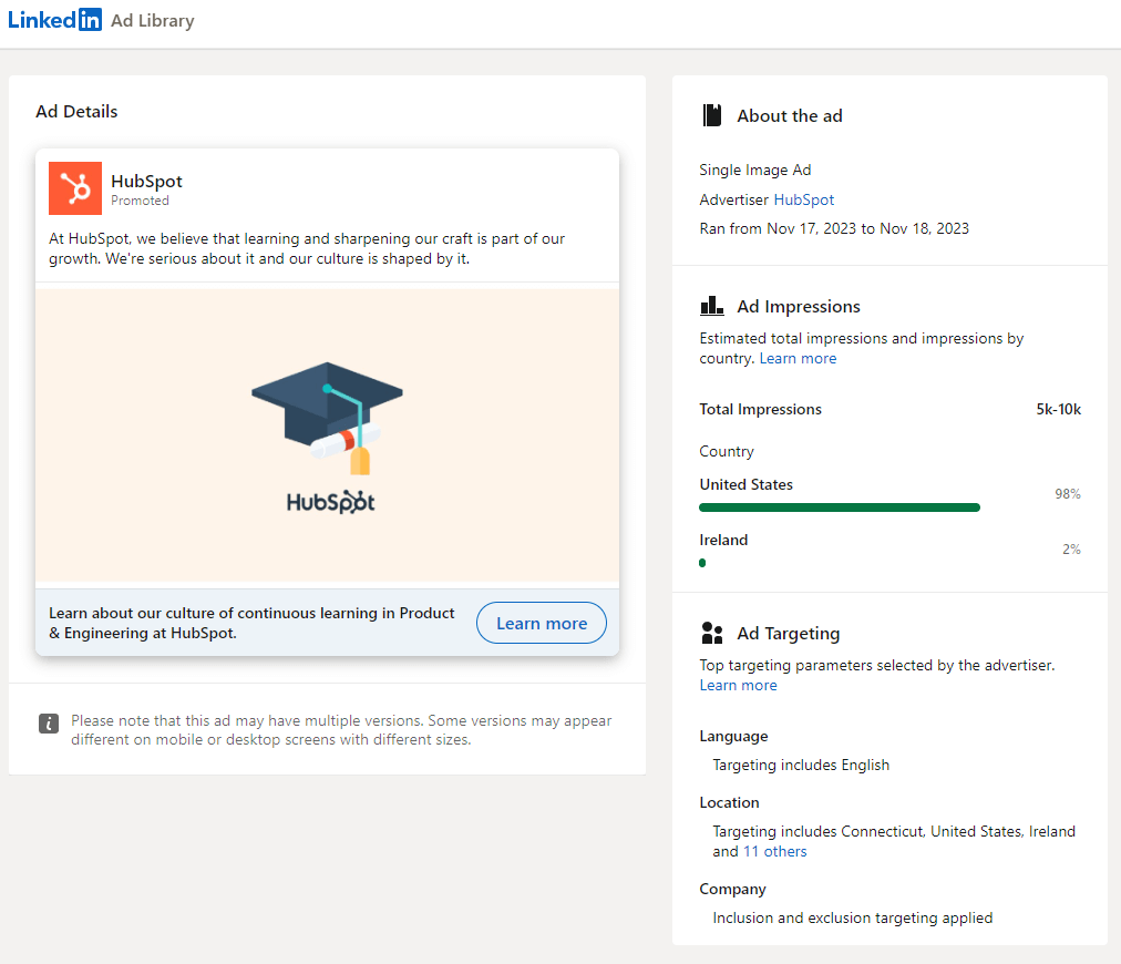 LinkedIn ad details