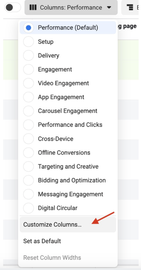 Meta Ads Manager columns - adding Objective to the columns