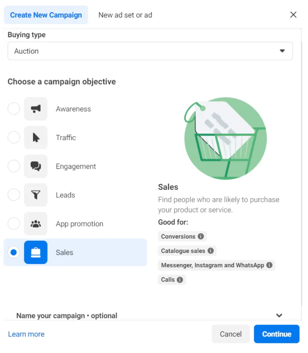 Meta Ads Manager - Choosing campaign objective  