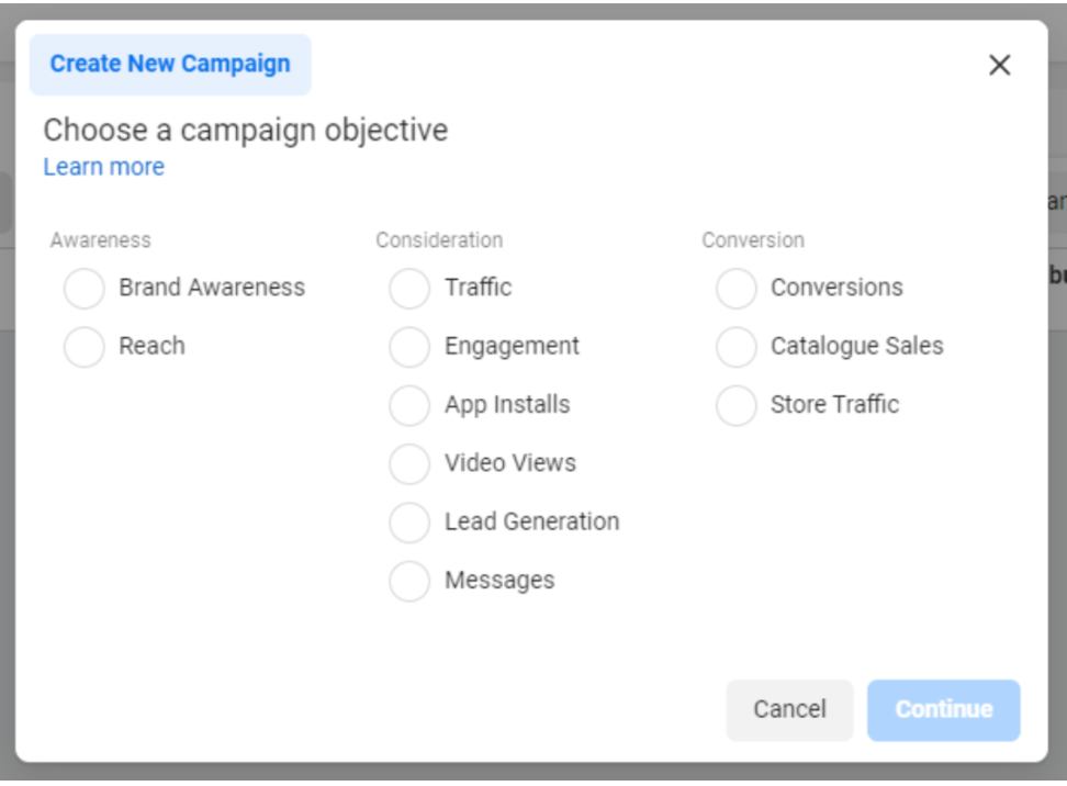 Meta Ads Manager - Choosing campaign objective