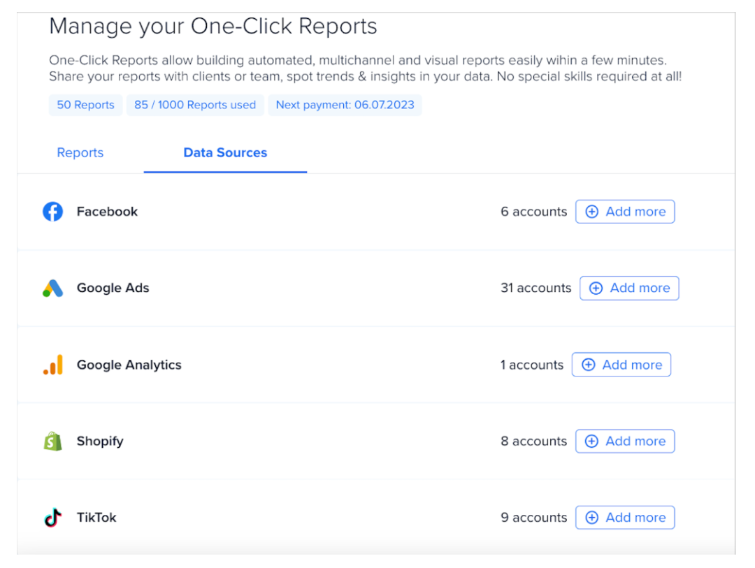 One-Click Report - connect data sources