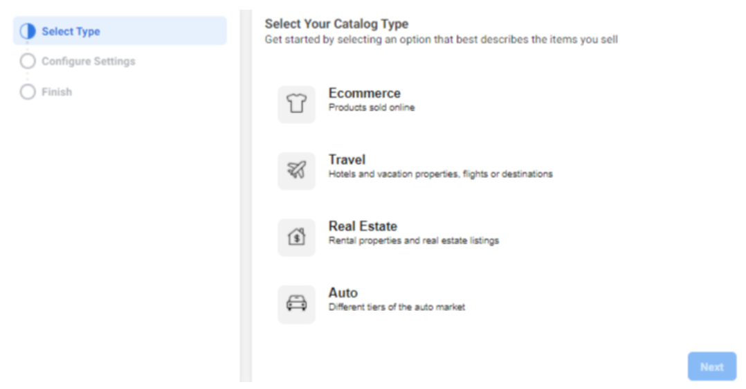 Meta Ads Manager - select catalog type