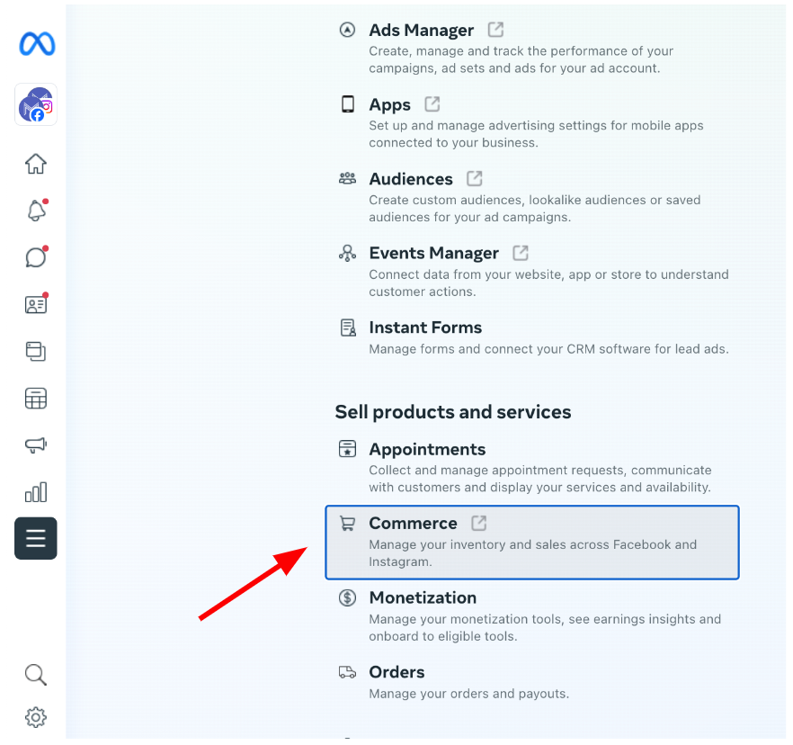 Meta Ads Manager - Commerce button