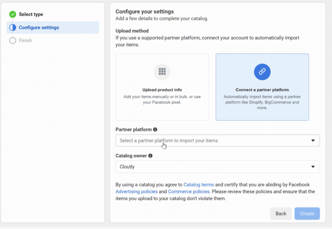 Facebook Commerce Manager - upload method - connect a partner platform