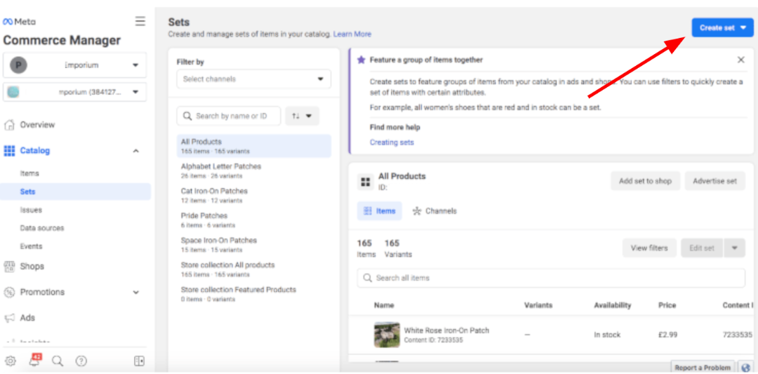 Meta Commerce manager - create set