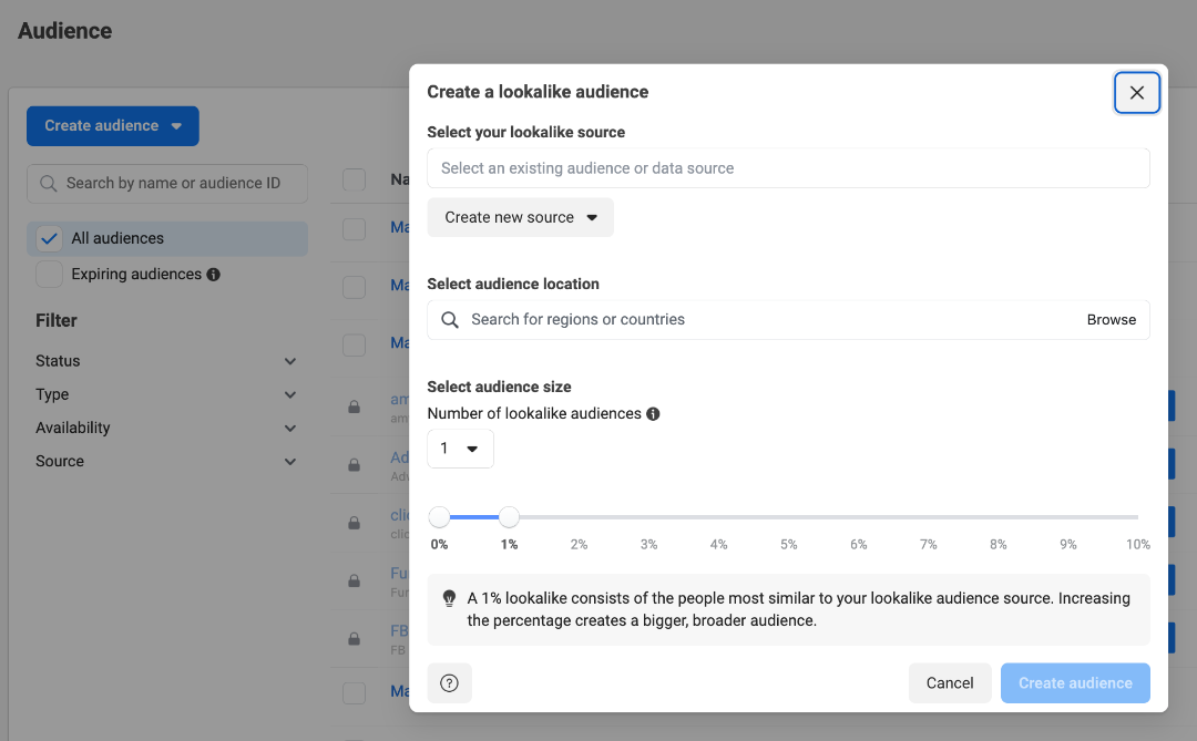 Meta Business Suite - create a lookalike audience