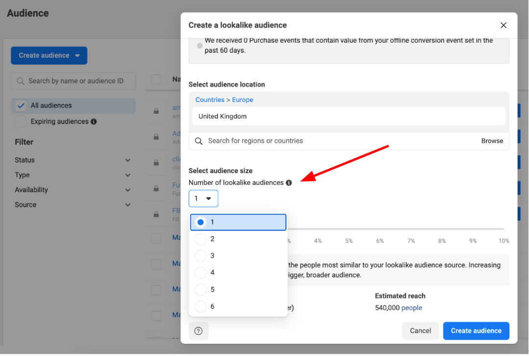 Meta Business Suite - select audience size