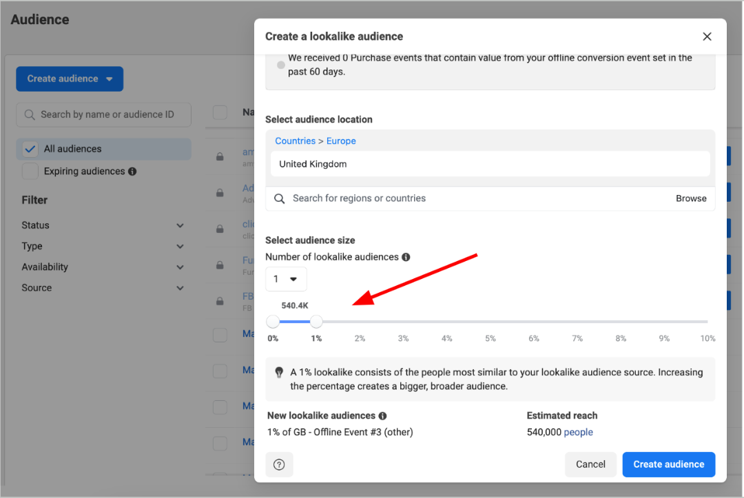 Meta Business Suite - select lookalike percentage