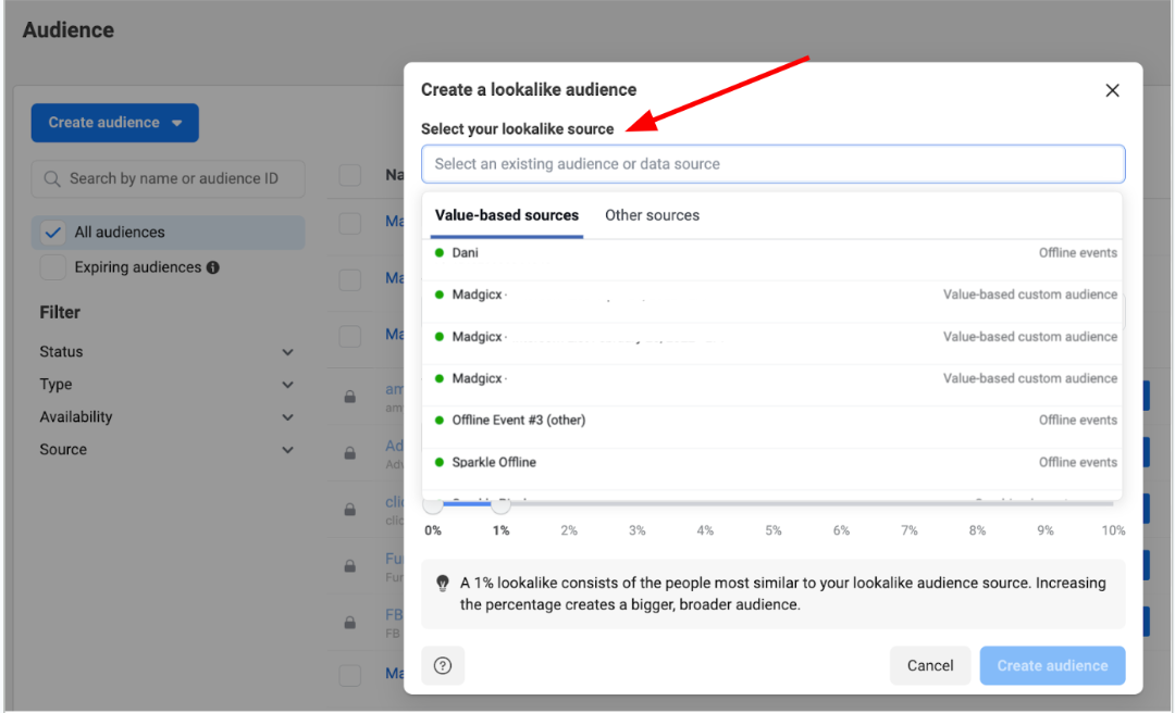 Meta Business Suite - lookalike source options