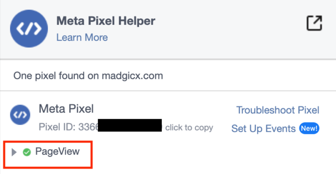 Meta Pixel Helper - page view