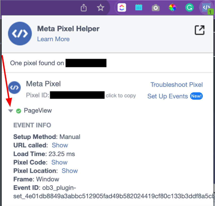 Meta Pixel Helper - event info